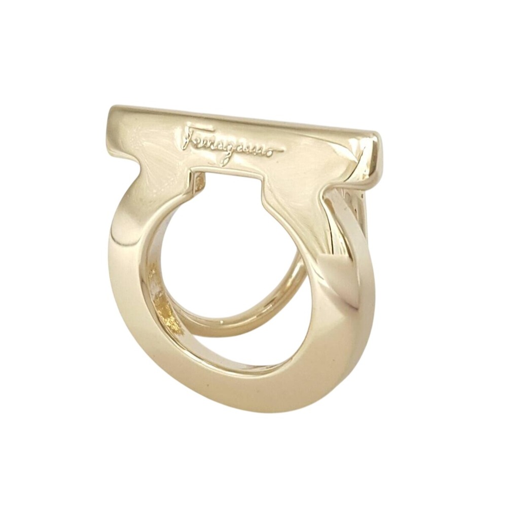 Salvatore Ferragamo Gancini Scarf Ring Gold Tone Logo Engraved Made in Italy